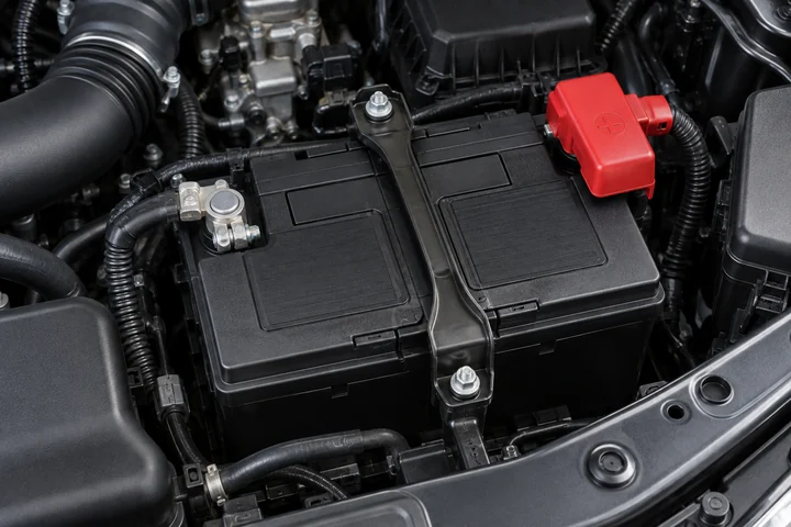 A clean battery secured within an engine bay.