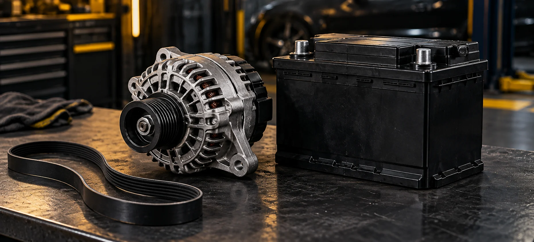 Alternator, drive belt and car battery on a diagnostic workbench.