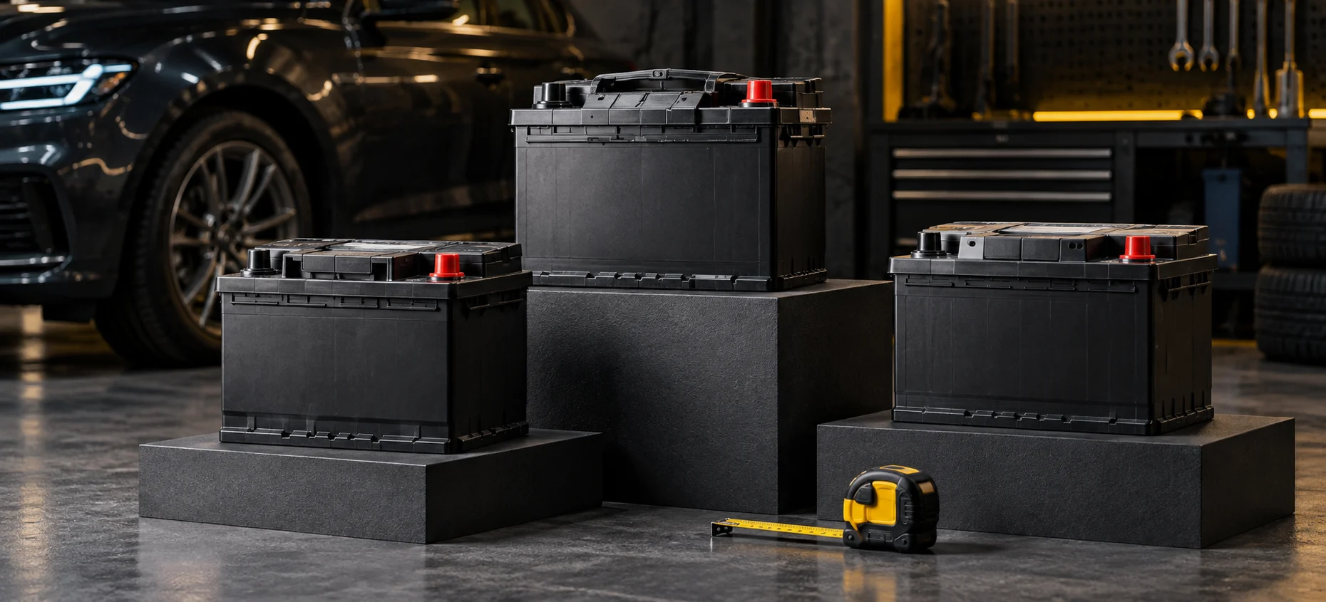 Three automotive batteries displayed on workshop plinths for comparison.