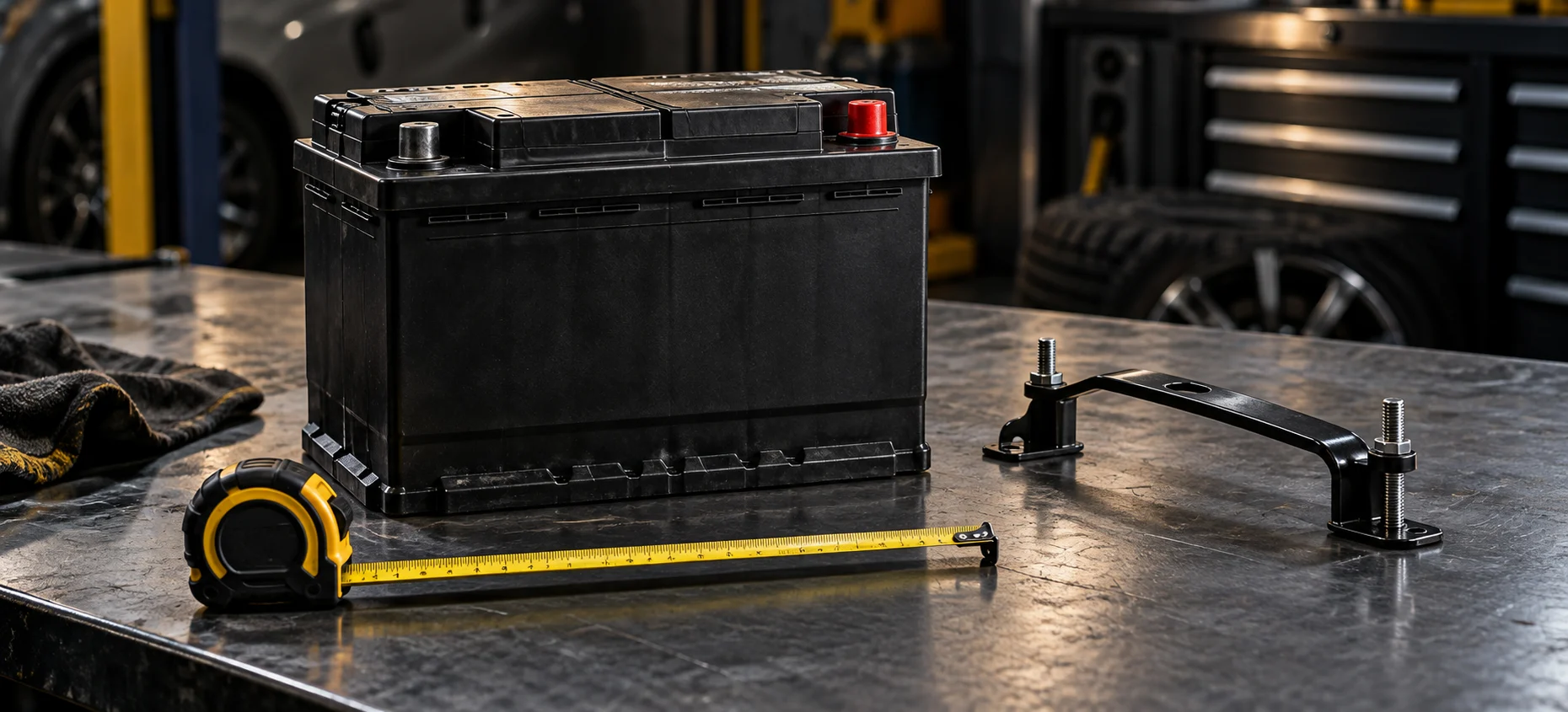 Car battery beside a yellow tape measure and mounting bracket.