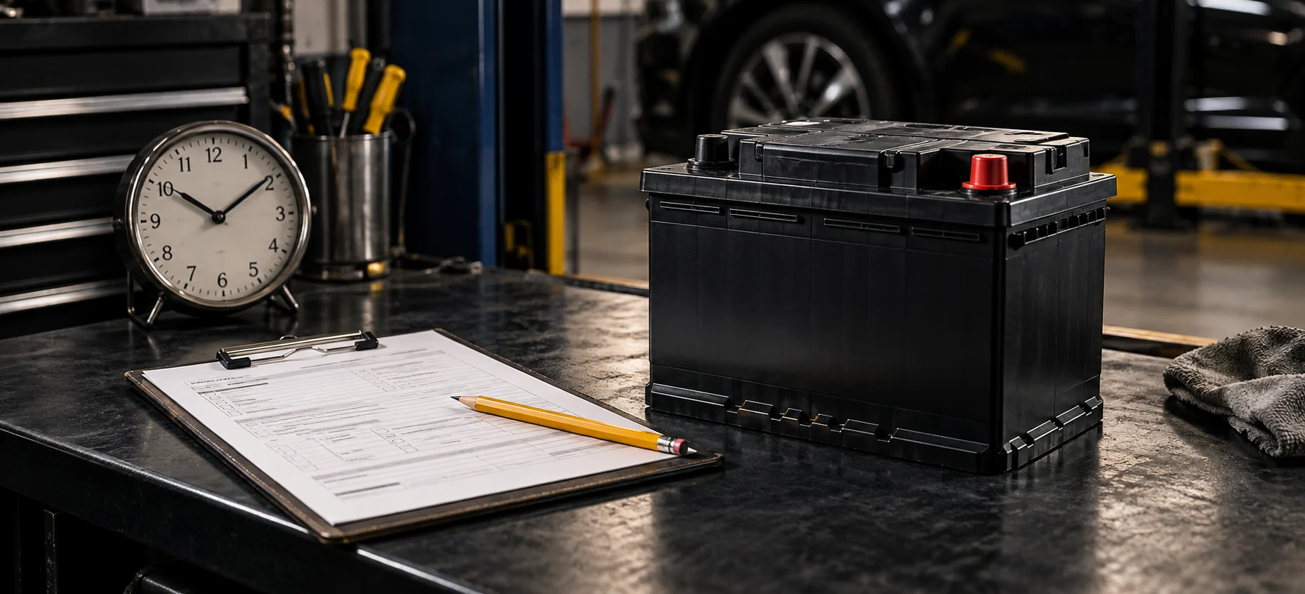 Job sheet, workshop clock and a battery on a service counter.