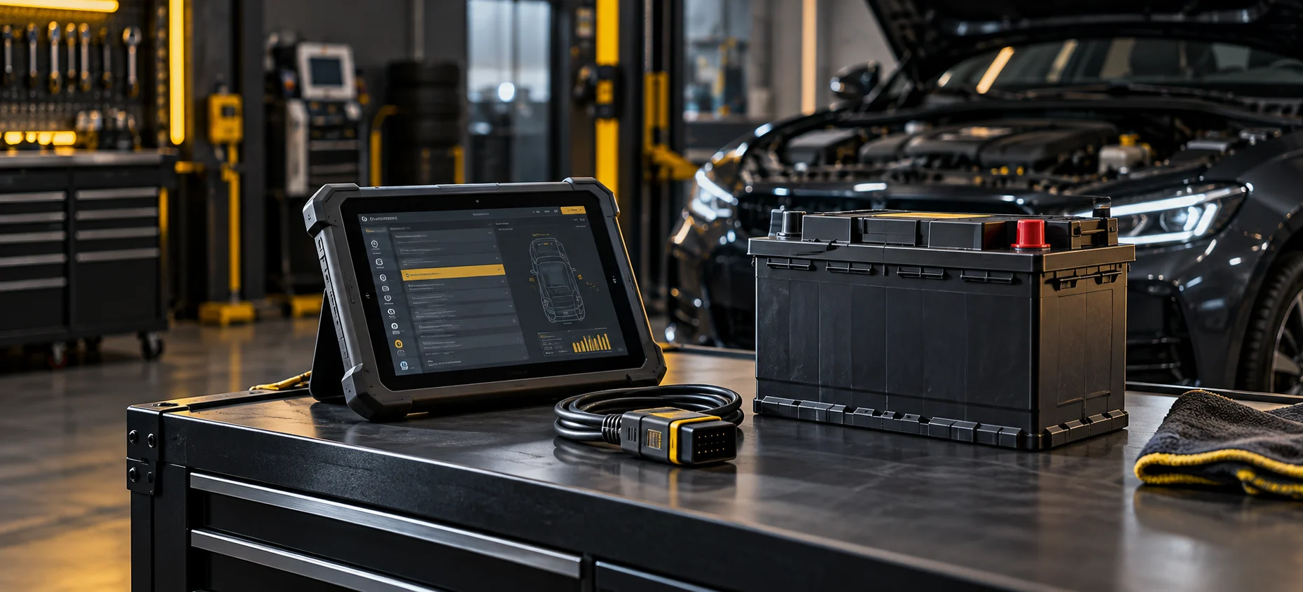 Diagnostic tablet and a car battery on a modern workshop bench.