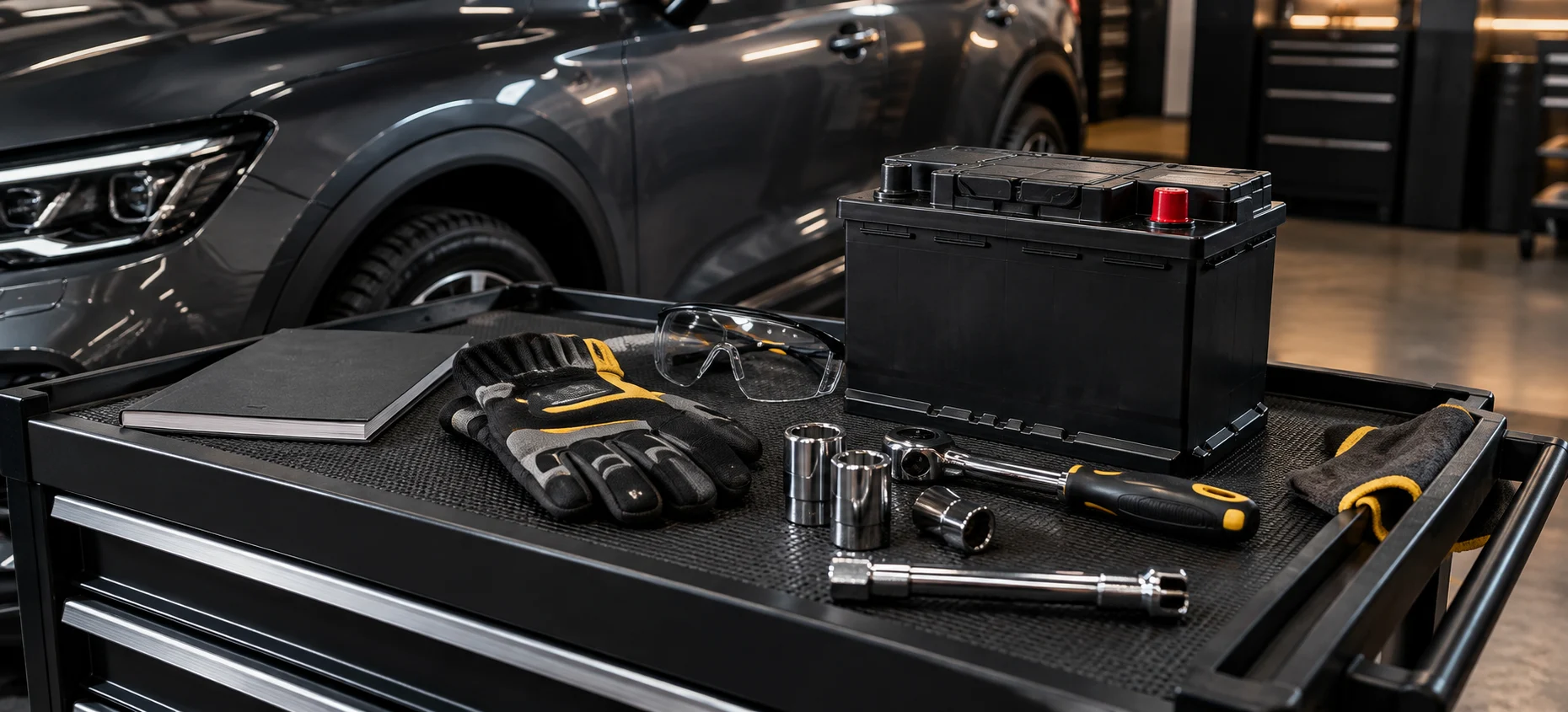 Vehicle manual, sockets, protective equipment and a battery on a preparation cart.