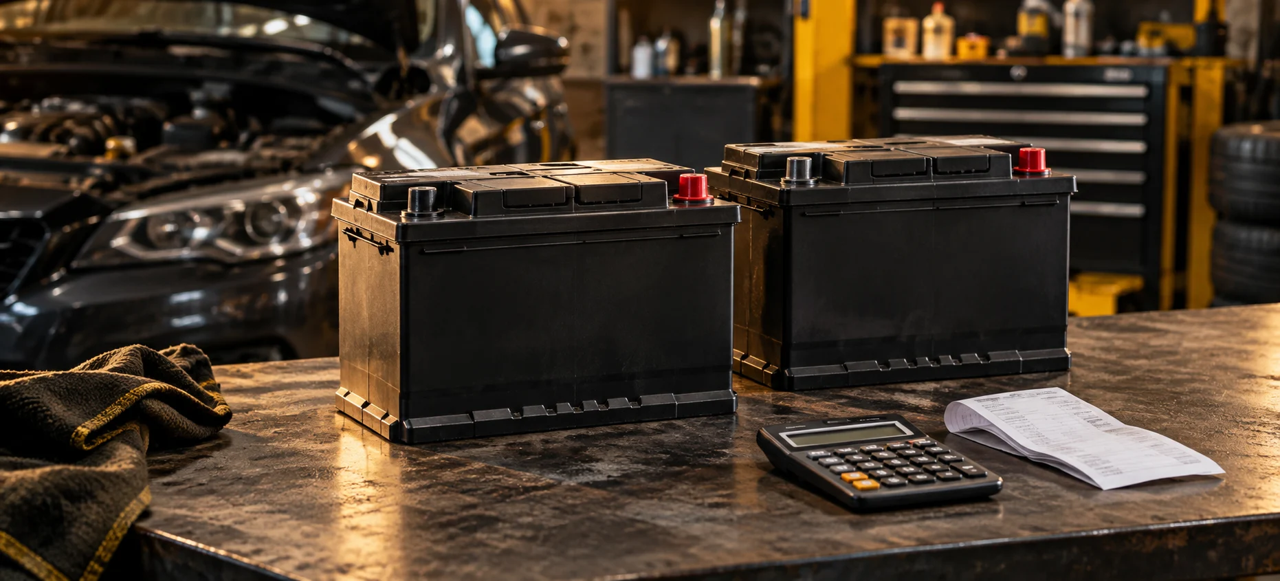 Two car batteries beside a calculator and purchase paperwork.