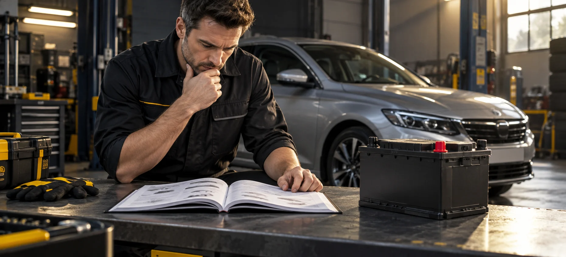 A technician reviewing a vehicle manual beside a car battery.
