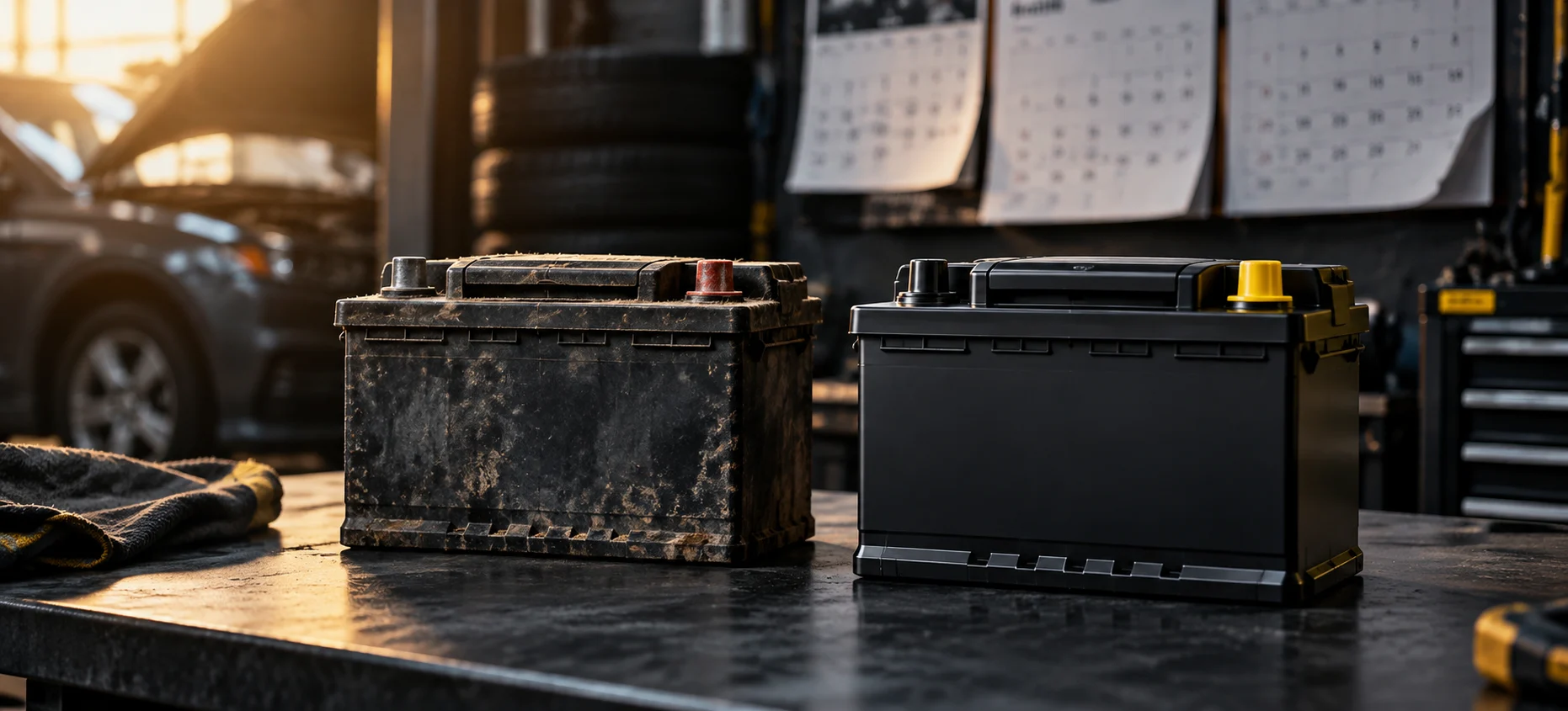 Weathered battery and a new battery beside blurred calendar pages.