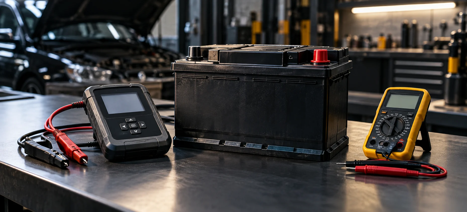 Battery tester and yellow multimeter beside a car battery.