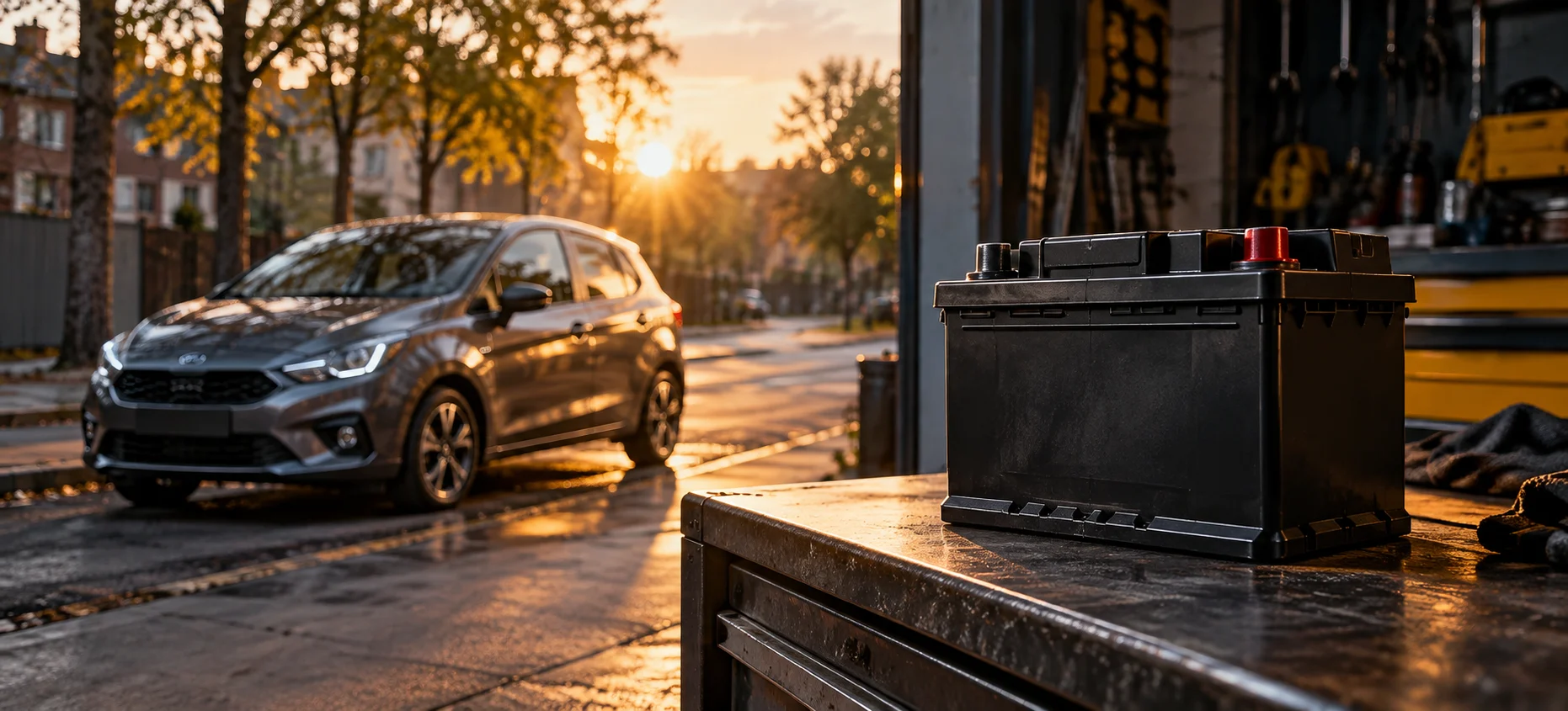 Car on a quiet street at dawn with a car battery in the foreground.